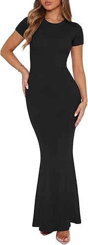 Black Women's Basic Summer Casual Lounge Long Dress Elegant Short Sleeve Crew Neck Bodycon Maxi Dresses
