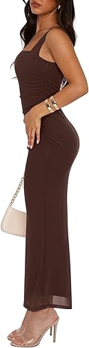 Shaved Chocolate Summer Wedding Guest Maxi Dresses for Women | Sleeveless,Square Neck,Sheer Mesh,Ruched,Slim,Bodycon,Formal,Elegant Long Dress,Cocktail,Club Nightout,2026 Trendy Clothes