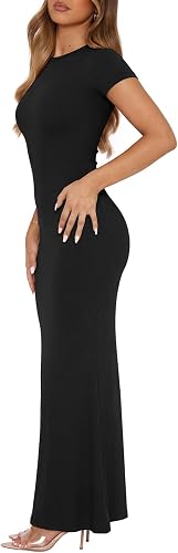 Black Women's Basic Summer Casual Lounge Long Dress Elegant Short Sleeve Crew Neck Bodycon Maxi Dresses