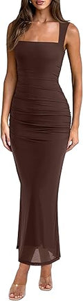 Shaved Chocolate Summer Wedding Guest Maxi Dresses for Women | Sleeveless,Square Neck,Sheer Mesh,Ruched,Slim,Bodycon,Formal,Elegant Long Dress,Cocktail,Club Nightout,2026 Trendy Clothes