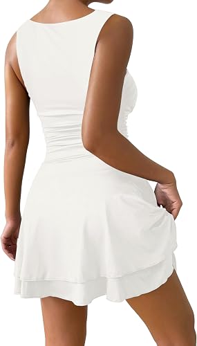 white Women's Square Neck Fit Flare Skater Mini Tank Dress Grad Homecoming | Tiered Ruffle Hem, Ruched Waist, Wedding Guest Dress, Garden Party, Easter Outfit, Breathable Dress, Above Knee Length
