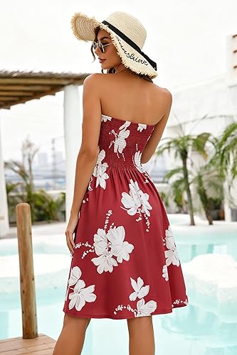 A Deep Wine Red Flower Summer Dresses for Women Beach Cover Ups Strapless Boho Floral Print Sundress 2026