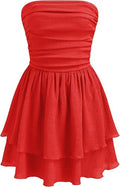 Red Women's Summer Cocktail Dress - Tube Ruched Ruffle Mini Dress | Strapless, Country Concert, Western Cowgirl Outfits