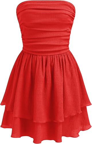 Red Women's Summer Cocktail Dress - Tube Ruched Ruffle Mini Dress | Strapless, Country Concert, Western Cowgirl Outfits
