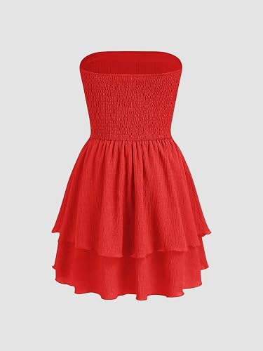 Red Women's Summer Cocktail Dress - Tube Ruched Ruffle Mini Dress | Strapless, Country Concert, Western Cowgirl Outfits