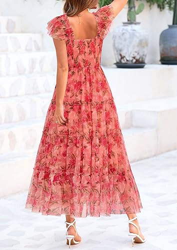 Floral Orange Pink Red Women's Summer Tulle Midi Dress Sleeveless Smocked Ruffle Flowy Mesh Dresses Party Wedding Guest Sundress
