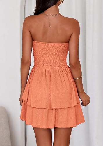 Orange Women's 2026 Summer Strapless Tube Mini Dress Off Shoulder Smocked Ruffle A Line Flowy Short Party Club Dresses