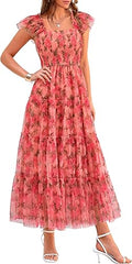 Floral Orange Pink Red Women's Summer Tulle Midi Dress Sleeveless Smocked Ruffle Flowy Mesh Dresses Party Wedding Guest Sundress