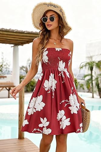 A Deep Wine Red Flower Summer Dresses for Women Beach Cover Ups Strapless Boho Floral Print Sundress 2026