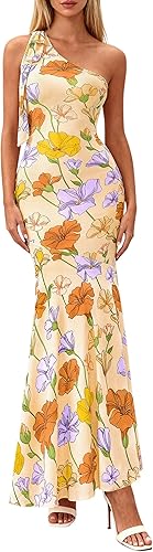 Floral Apricot Womens Summer One Shoulder Maxi Dress 2026 Floral Sleeveless Bodycon Mesh Long Beach Vacation Sun Dresses