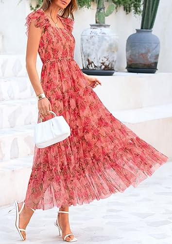Floral Orange Pink Red Women's Summer Tulle Midi Dress Sleeveless Smocked Ruffle Flowy Mesh Dresses Party Wedding Guest Sundress