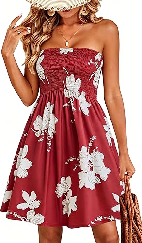 A Deep Wine Red Flower Summer Dresses for Women Beach Cover Ups Strapless Boho Floral Print Sundress 2026