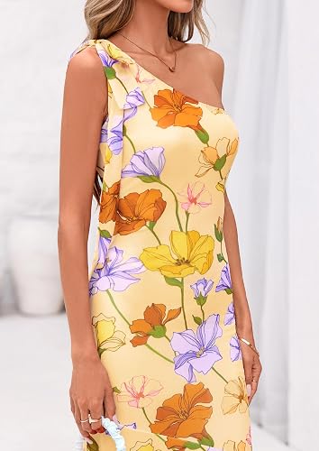 Floral Apricot Womens Summer One Shoulder Maxi Dress 2026 Floral Sleeveless Bodycon Mesh Long Beach Vacation Sun Dresses
