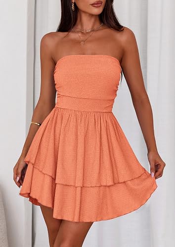 Orange Women's 2026 Summer Strapless Tube Mini Dress Off Shoulder Smocked Ruffle A Line Flowy Short Party Club Dresses