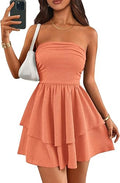Orange Women's 2026 Summer Strapless Tube Mini Dress Off Shoulder Smocked Ruffle A Line Flowy Short Party Club Dresses