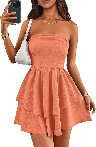 Orange Women's 2026 Summer Strapless Tube Mini Dress Off Shoulder Smocked Ruffle A Line Flowy Short Party Club Dresses
