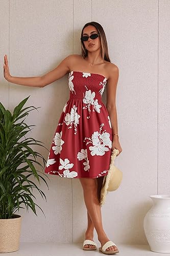 A Deep Wine Red Flower Summer Dresses for Women Beach Cover Ups Strapless Boho Floral Print Sundress 2026